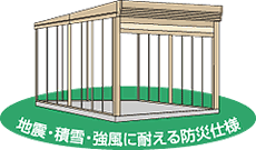 強風や積雪に強い、頑丈な柱構造