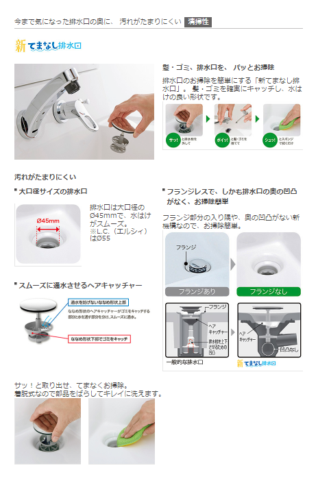 お手入れラクラク”新てまなし排水口”