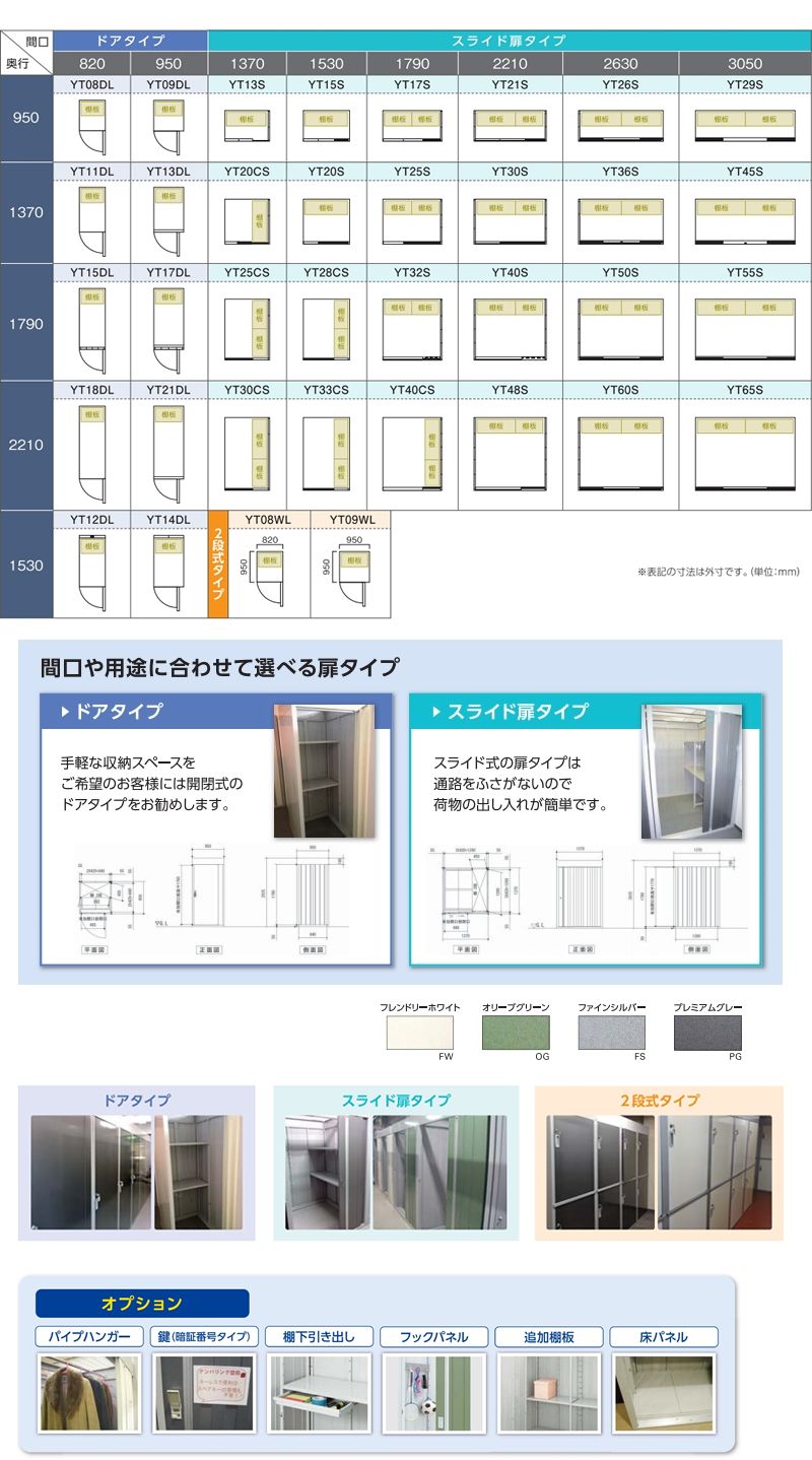 トランクルームサイズ・タイプ一覧表